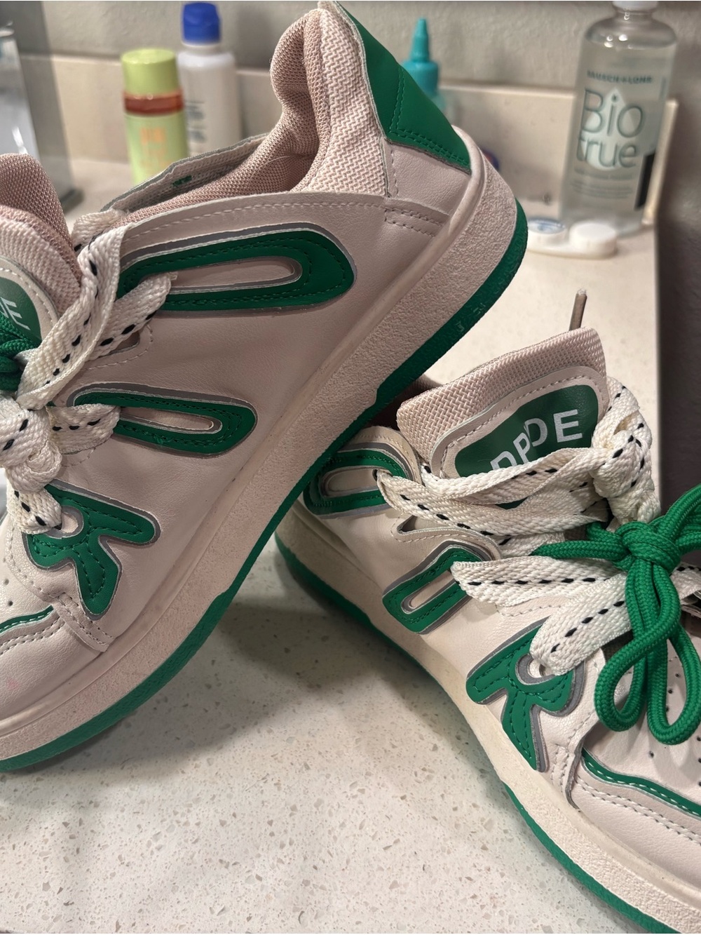 Kids White and Green Lace-Up Sneakers with Contrast Trim
